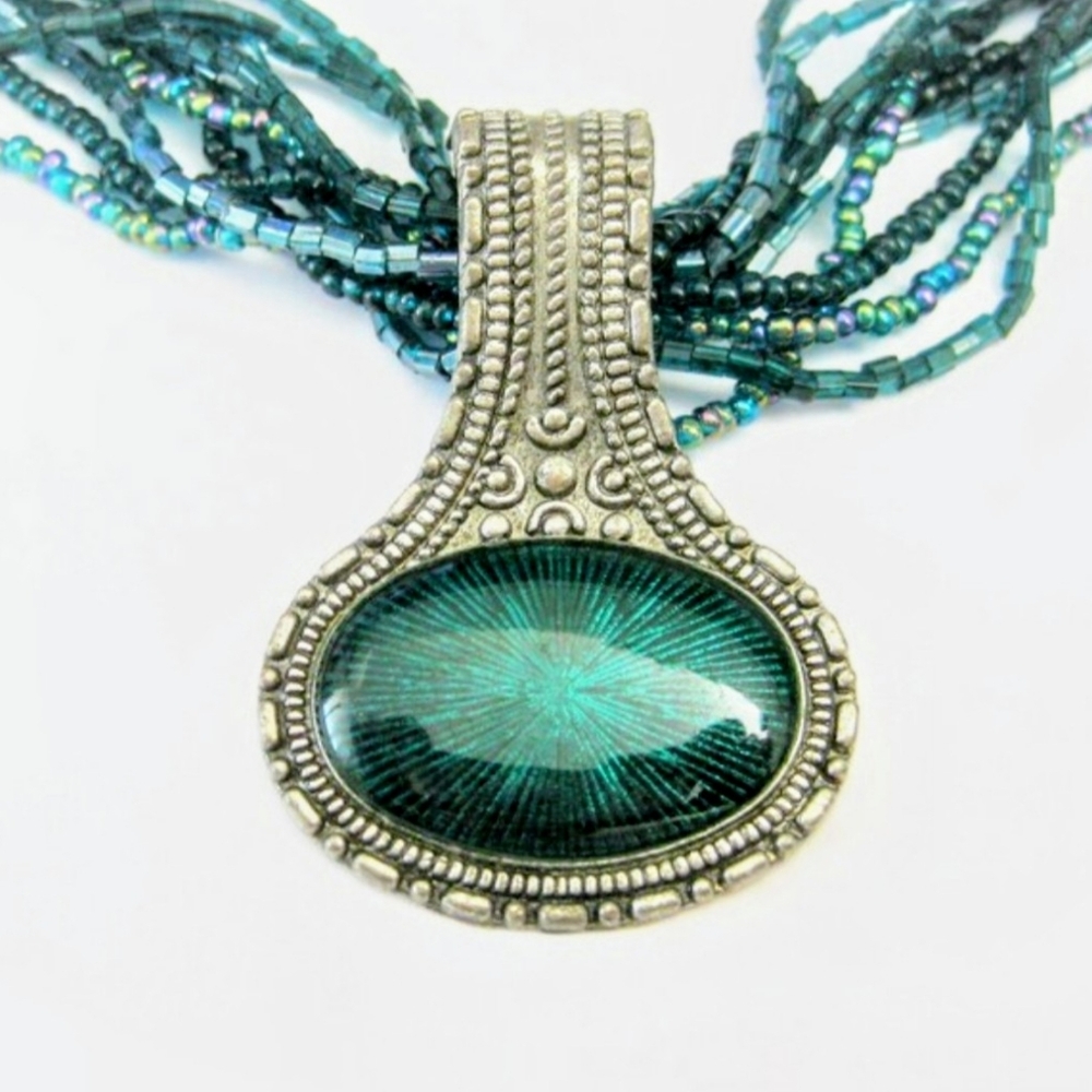 Vintage Green Blue Seed Glass Beaded Necklace Green Stone Pendant‎ Jewelry Women
